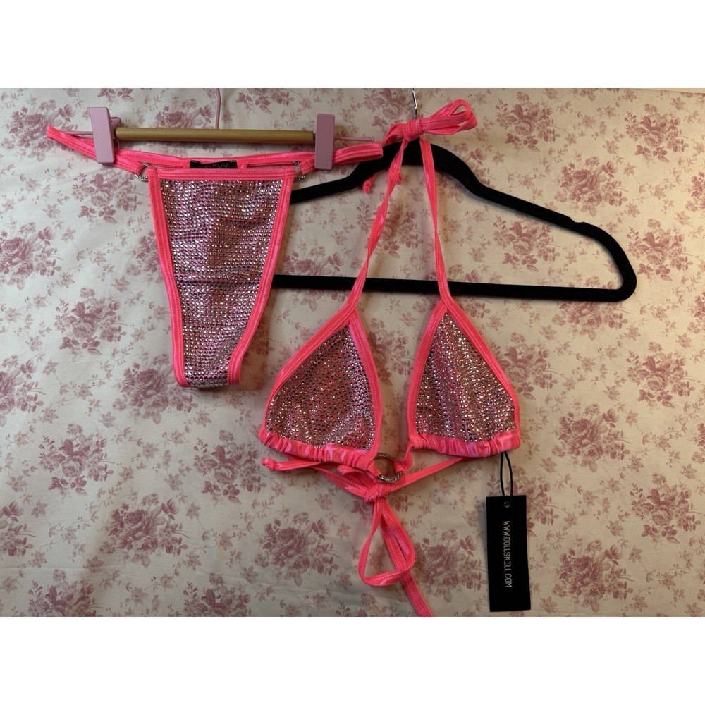 Dolls Kill Club Exx Hot Pink Rhinestone Bikini Set Size L NWT